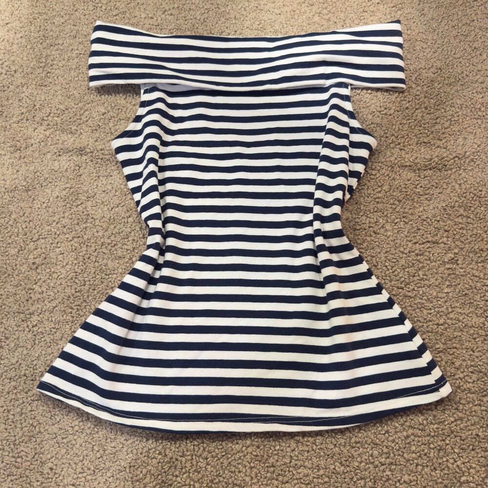 Unique Vintage Navy and White Striped off-shoulder shirt size L